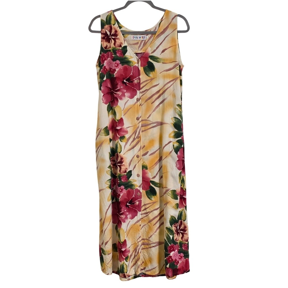 Jams World Maxi Dress Women Small Floral Tiger Hibiscus Button Front Tie Back